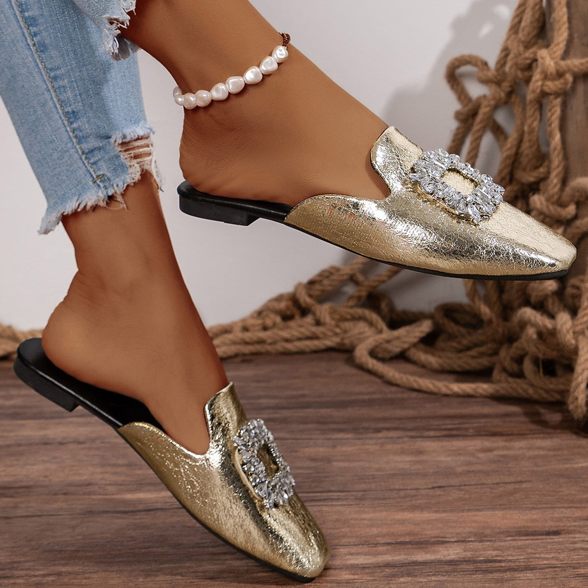 With Skirt Flat Heel Silver Square Toe Rhinestone Semi Slippers