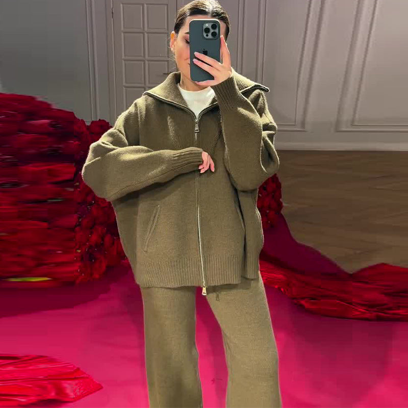 Pure Color Comfort Wool Zipper Long Sleeve Trousers Suit