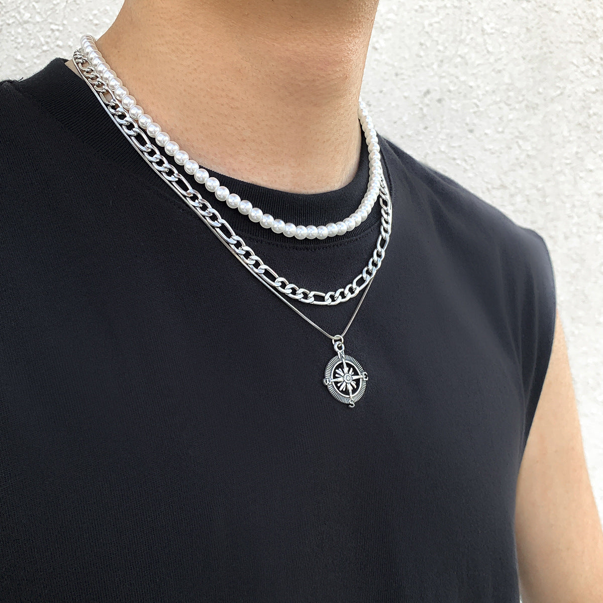 Mens Fashionable And Versatile Multi-layered Stacked Vintage Compass Pendant Necklace
