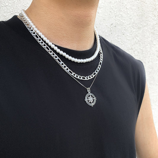 Mens Fashionable And Versatile Multi-layered Stacked Vintage Compass Pendant Necklace