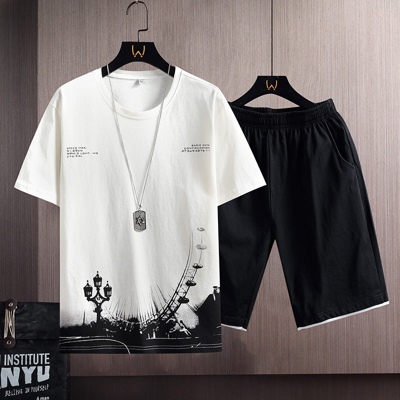 New Cotton Men's Casual Sports Loose Shorts Round Neck T-shirt Suit