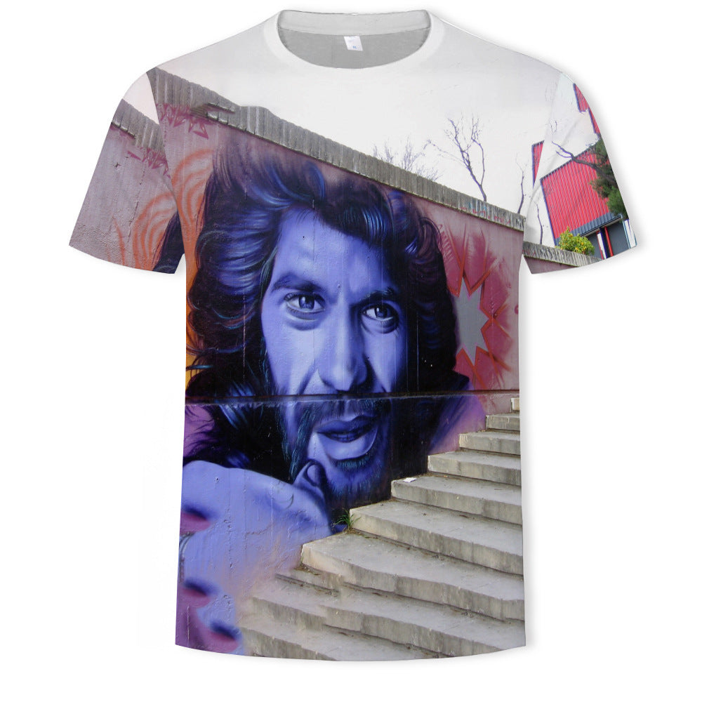 Mens Fashion Casual Digital Print Crew Neck T-shirt